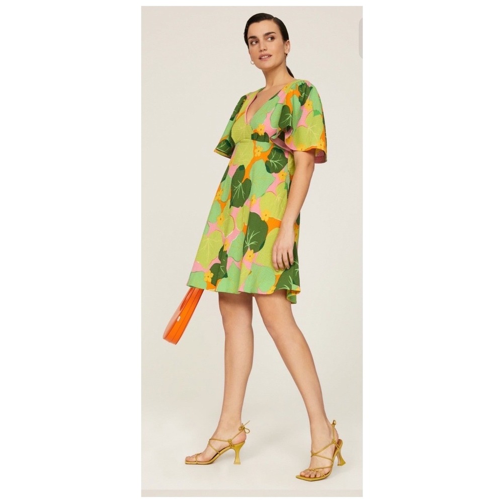 Kate Spade New York Cucumber Floral Swing Dress Green Orange Pink V-Neck Mini 0